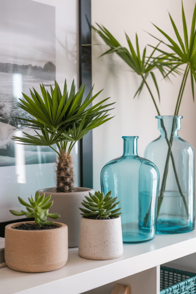 Small coastal apartment plants on decorative shelf.