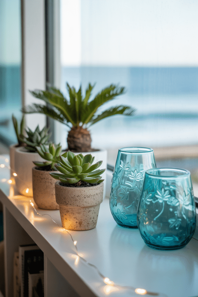 Small coastal apartment plants on decorative shelf.