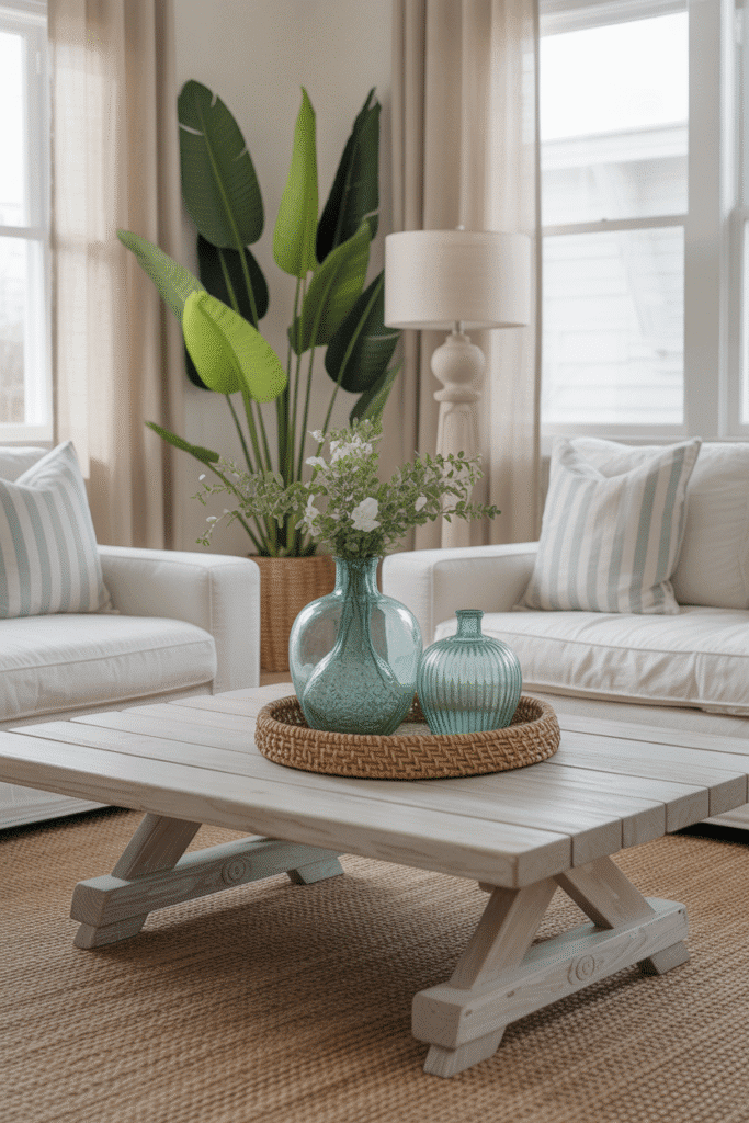 Oversized weathered wood coffee table in coastal living room.