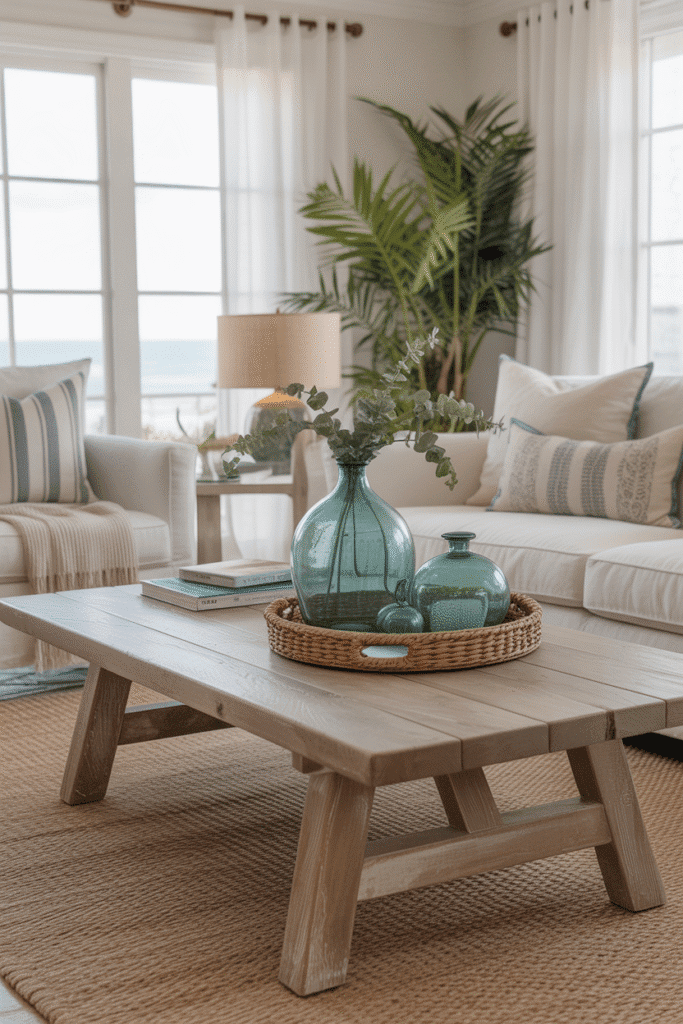 Oversized weathered wood coffee table in coastal living room.