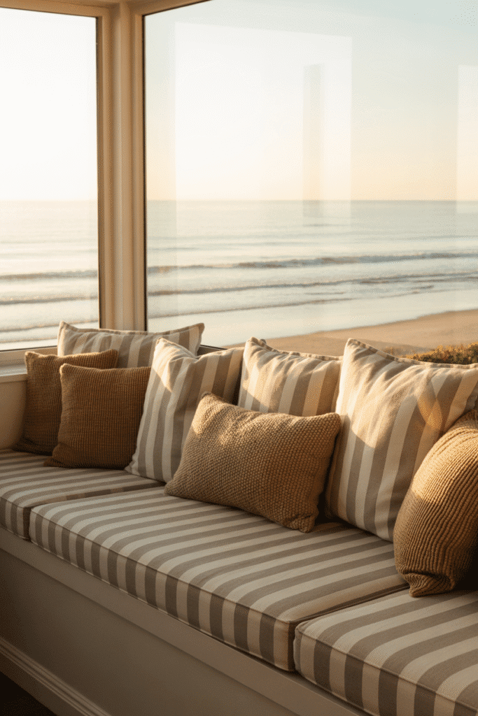 Coastal window bench with striped cushions and soft pillows.