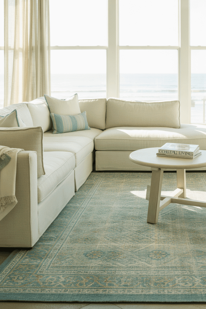 Sea-toned statement rug in bright coastal living room.