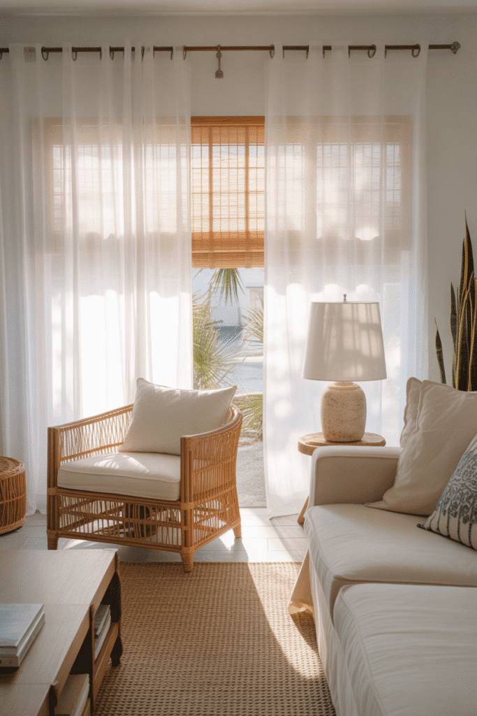 Layered sheer curtains and bamboo shades in coastal living room.