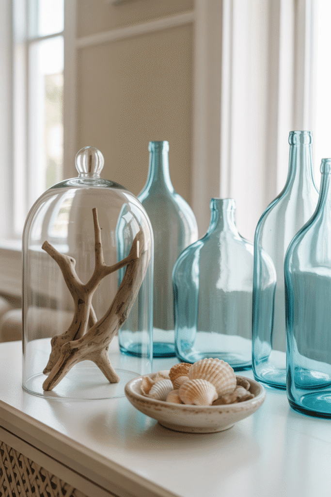 Coastal display with driftwood, shells, and turquoise glass bottles.