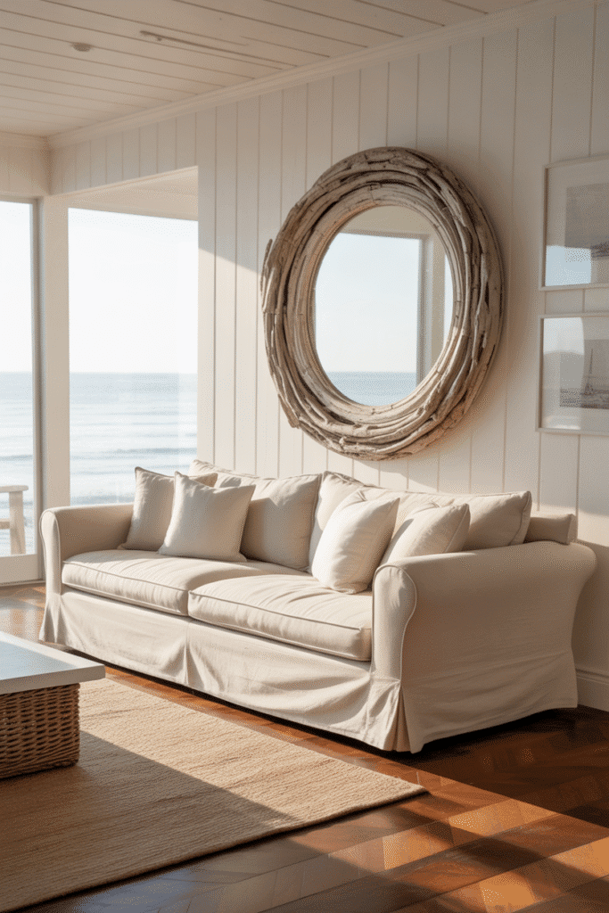 Oversized driftwood-framed mirror in coastal living room.