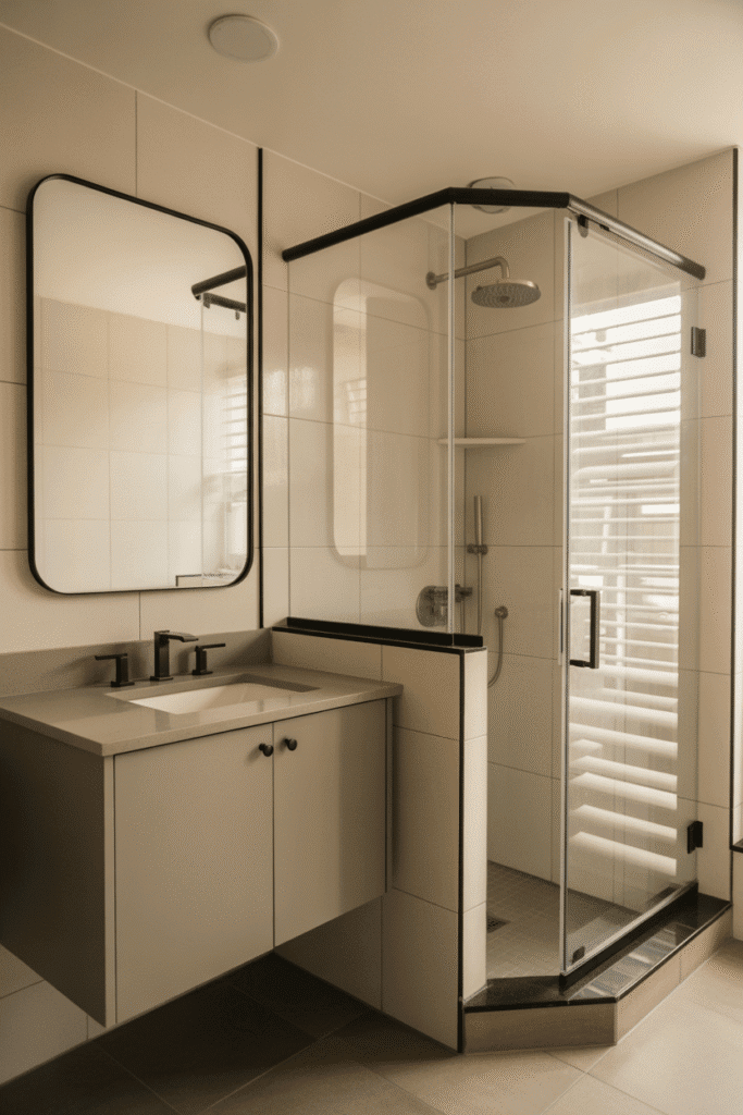 Oversized tiles reduce grout lines and visually expand a small bathroom.