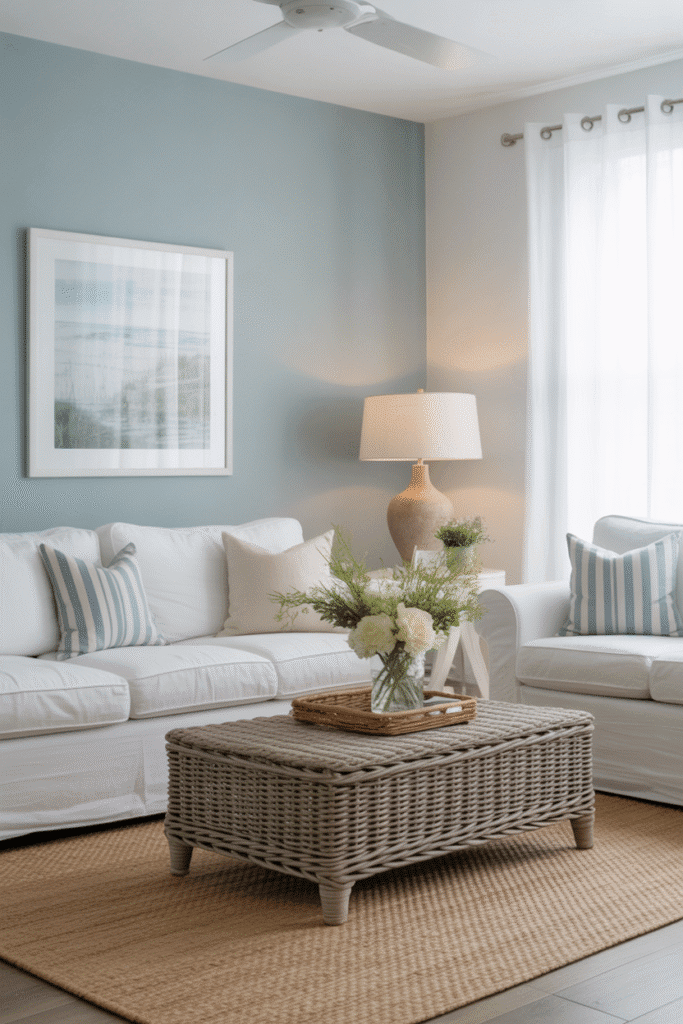 Coastal living room with misty blue accent wall and white sofa.