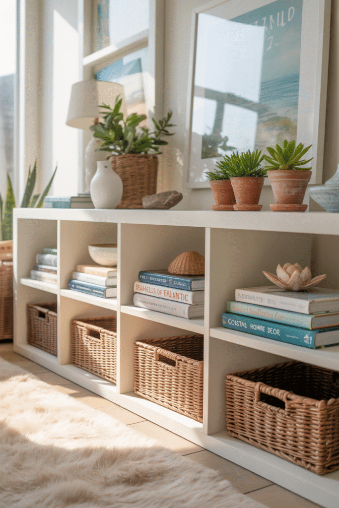 Low open shelving with coastal décor and baskets.