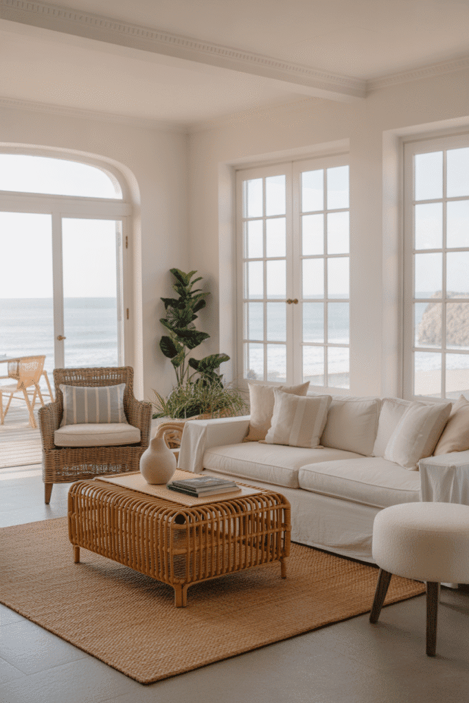 Coastal living room with sofa, wicker chair, and mixed seating styles.
