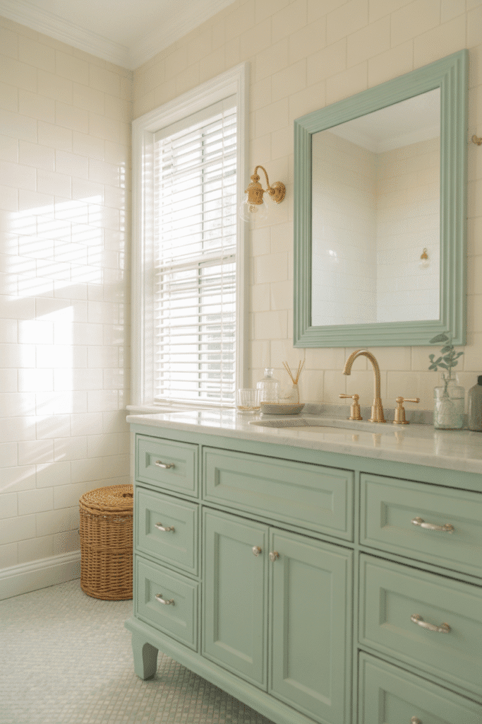 Coastal bathroom vanity in soft aqua with marble countertop.