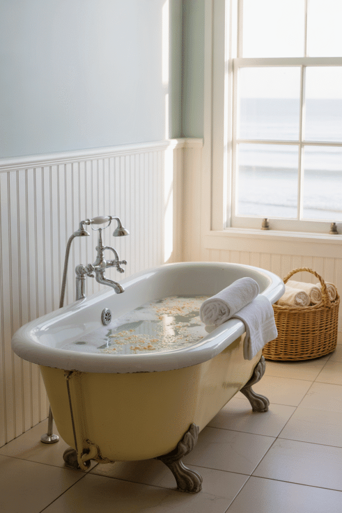 Coastal bathroom with white bead-board walls and pale blue paint.