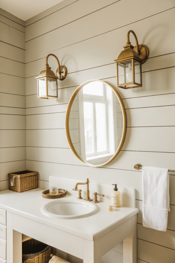 Brass nautical-style wall sconces in coastal bathroom.
