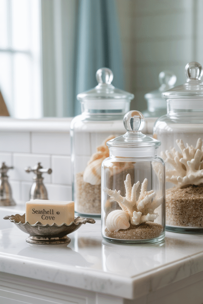 Glass apothecary jars with shells and sand in coastal bathroom.