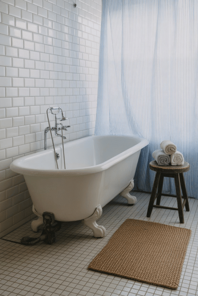Light blue striped shower curtain in coastal bathroom.