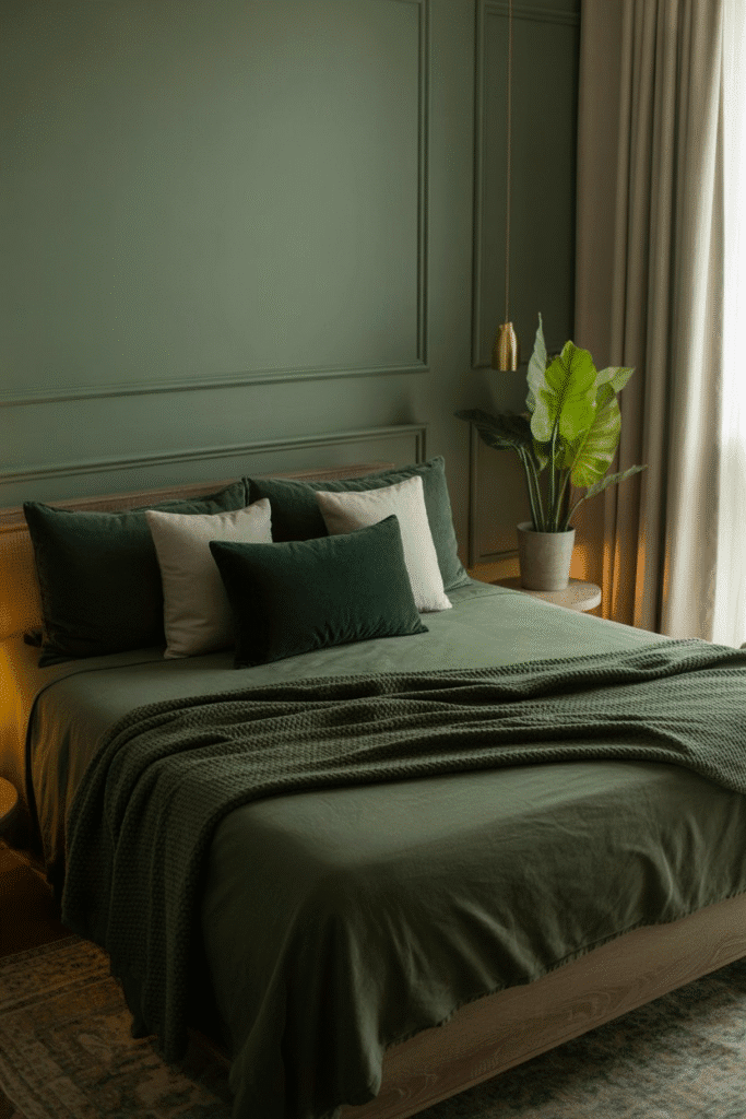 Featured image for moody dark green bedroom ideas.