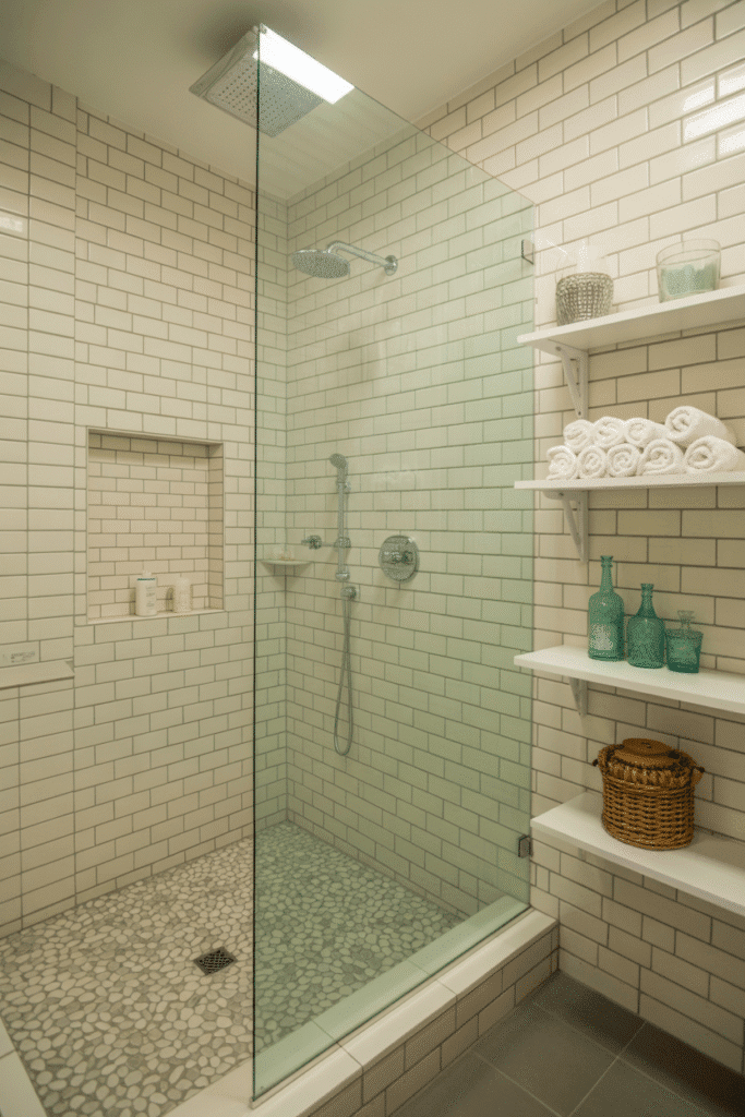 Pebble shower floor in coastal bathroom design.