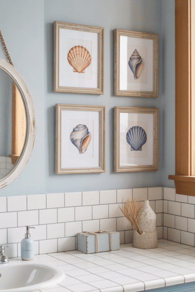 Framed seashell watercolor art in coastal bathroom.