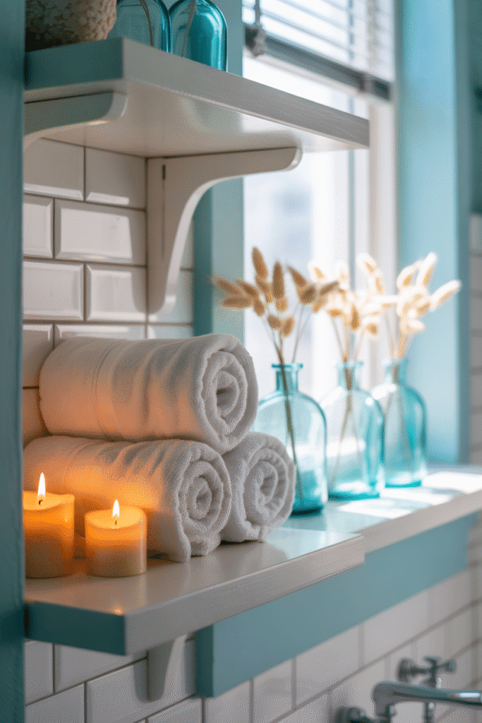 Floating shelves with coastal décor and towels in bathroom.