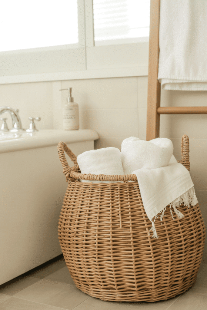Seagrass basket with towels in coastal bathroom décor.