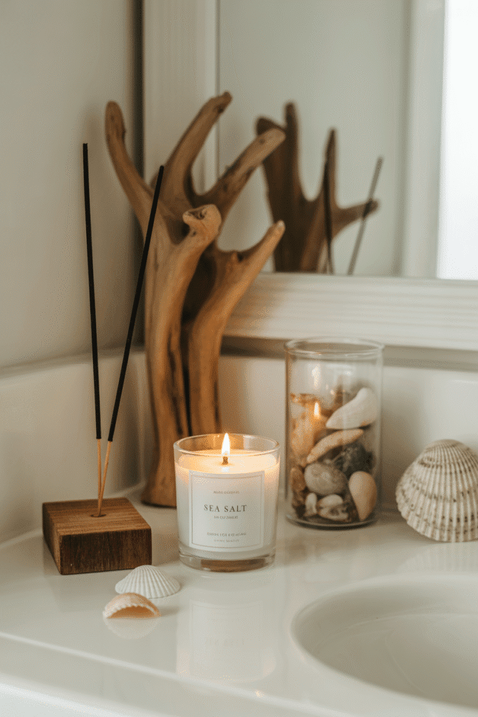 As a part of coastal bathroom decor ideas this picture shows a sea salt candle and coastal scent décor in bathroom.