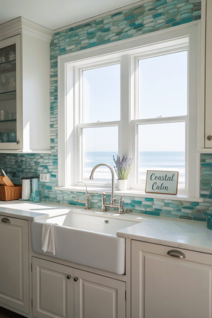 As a part of sea glass backsplash kitchen this picture shows a full-wall sea glass backsplash in aqua and turquoise in coastal kitchen.