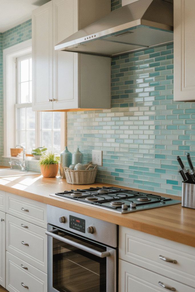 Full-wall sea glass backsplash in aqua and turquoise in coastal kitchen.