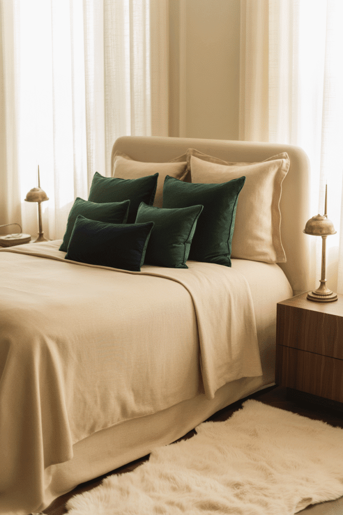 Classy bedroom with neutral colors and bold accent pillows in rich green and navy for a sophisticated look