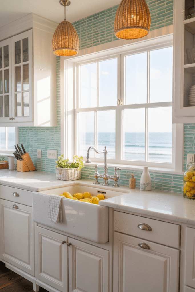 Sea glass backsplash with white cabinets in coastal kitchen.
