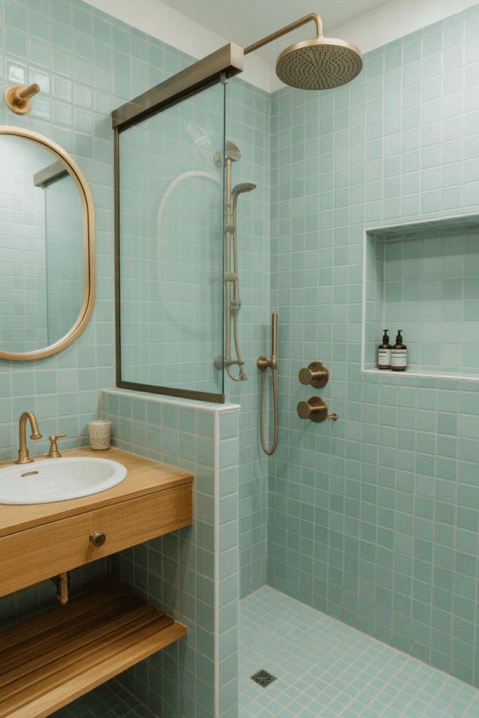 Zellige tiles bring handcrafted texture and charm to a small bathroom design.