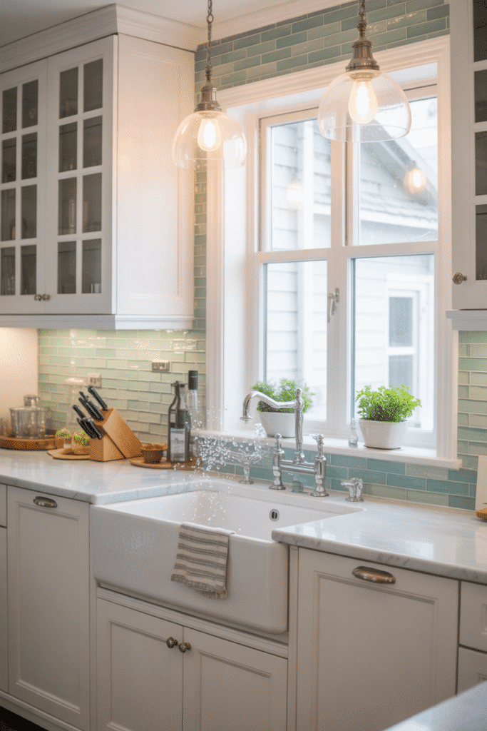 Sea glass backsplash with white cabinets in coastal kitchen.