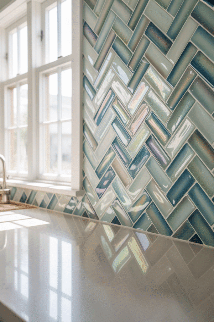 Herringbone sea glass tile backsplash in aqua coastal kitchen.