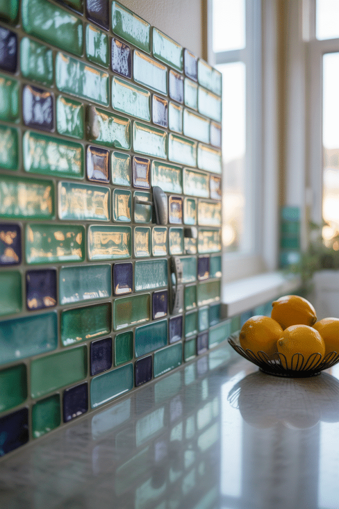 Iridescent sea glass backsplash in bright coastal kitchen.