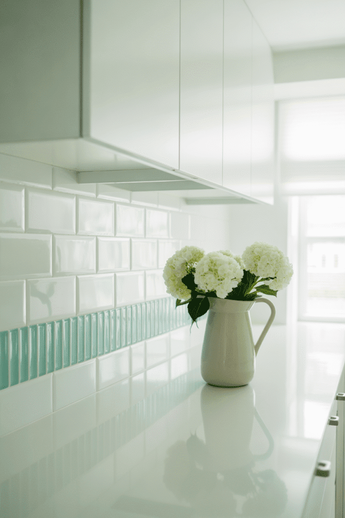 Sea glass accent strip backsplash in white coastal kitchen.