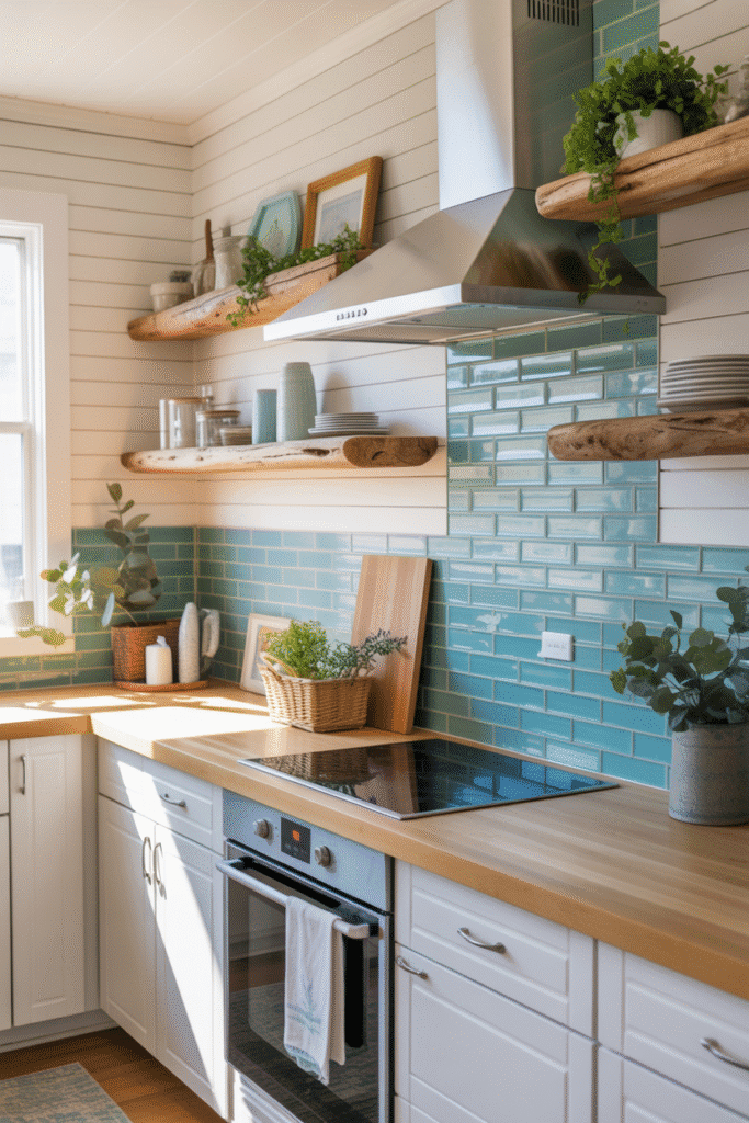 Sea glass backsplash with driftwood shelves in coastal kitchen.