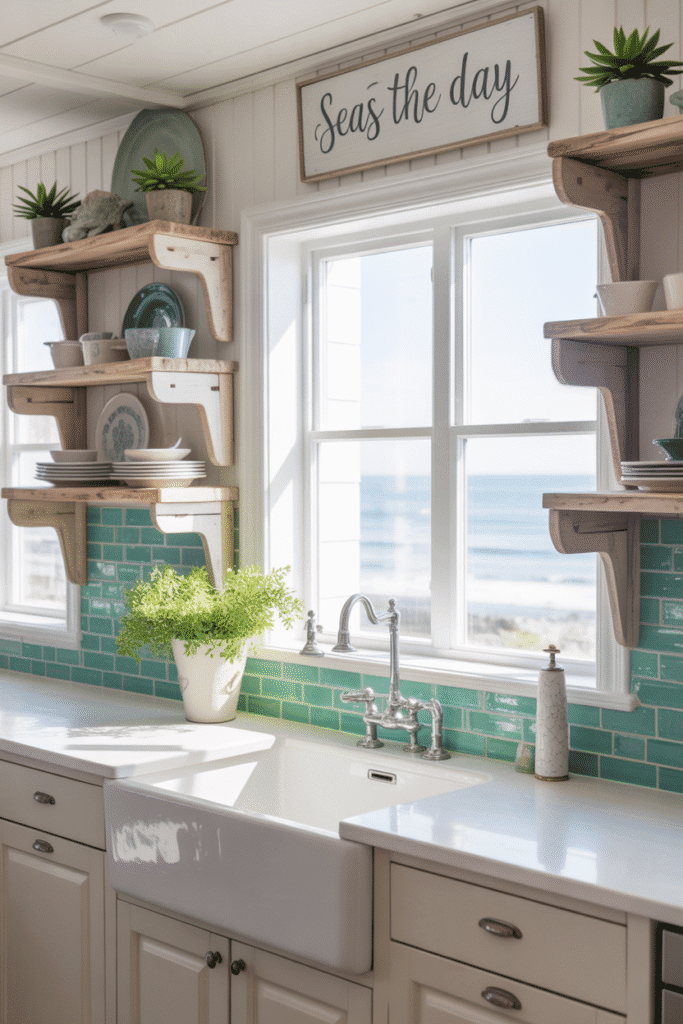 Sea glass backsplash with driftwood shelves in coastal kitchen.