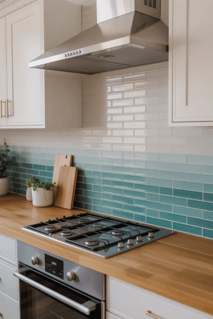 Gradient sea glass backsplash in shades of aqua and seafoam.