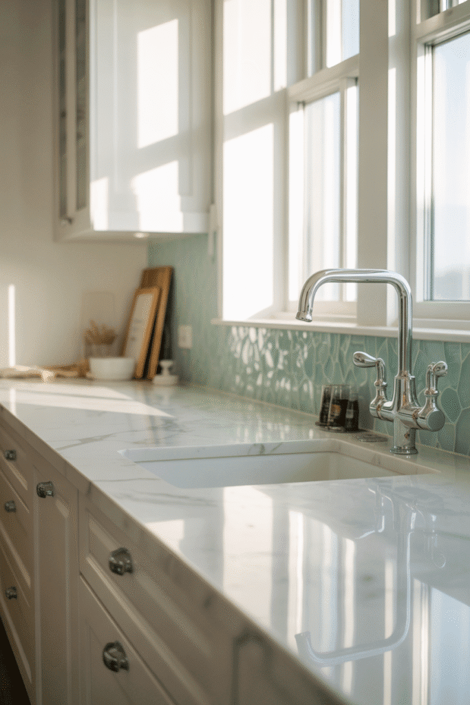 Sea glass backsplash with marble countertops in coastal kitchen.