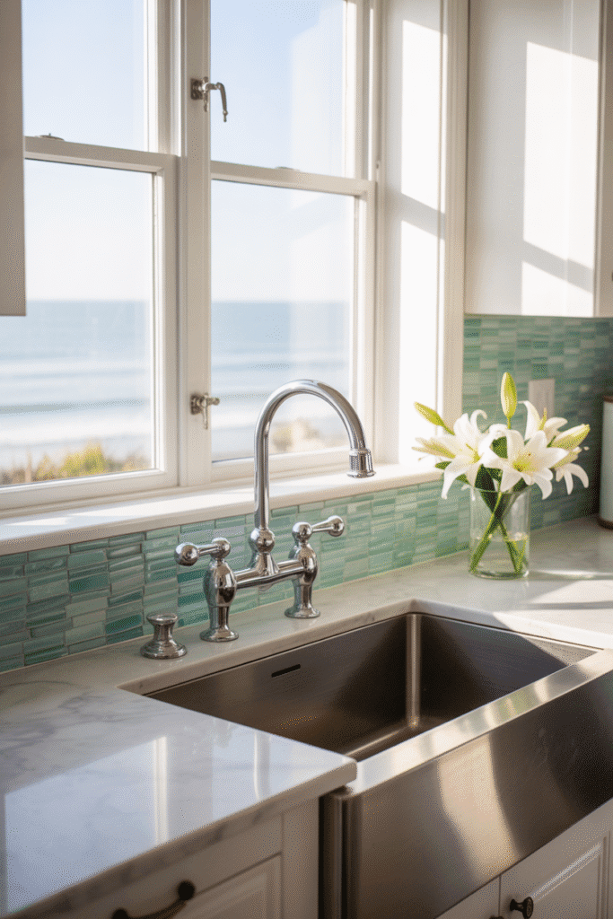 Sea glass backsplash with marble countertops in coastal kitchen.