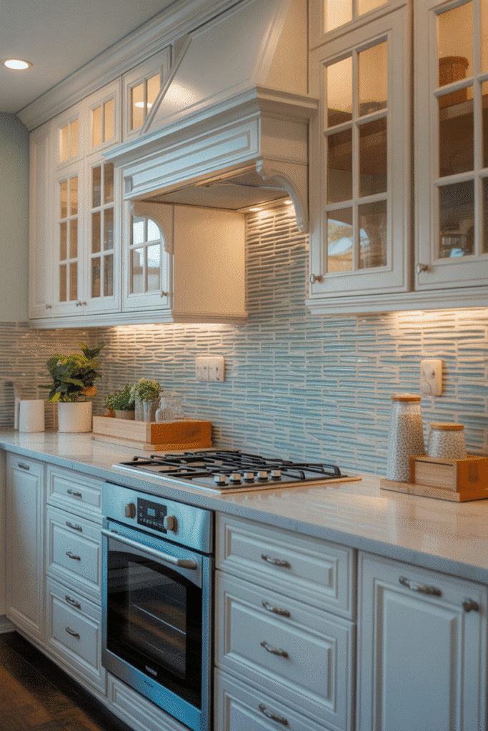 Under-cabinet lighting highlighting sea glass backsplash in kitchen.