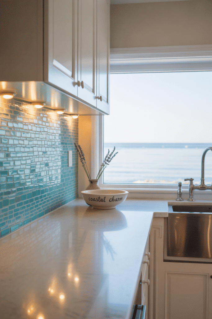 Under-cabinet lighting highlighting sea glass backsplash in kitchen.