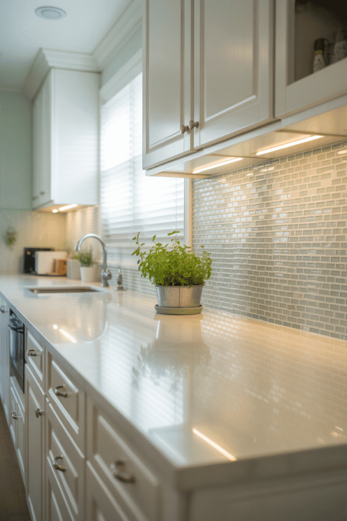 Under-cabinet lighting highlighting sea glass backsplash in kitchen.