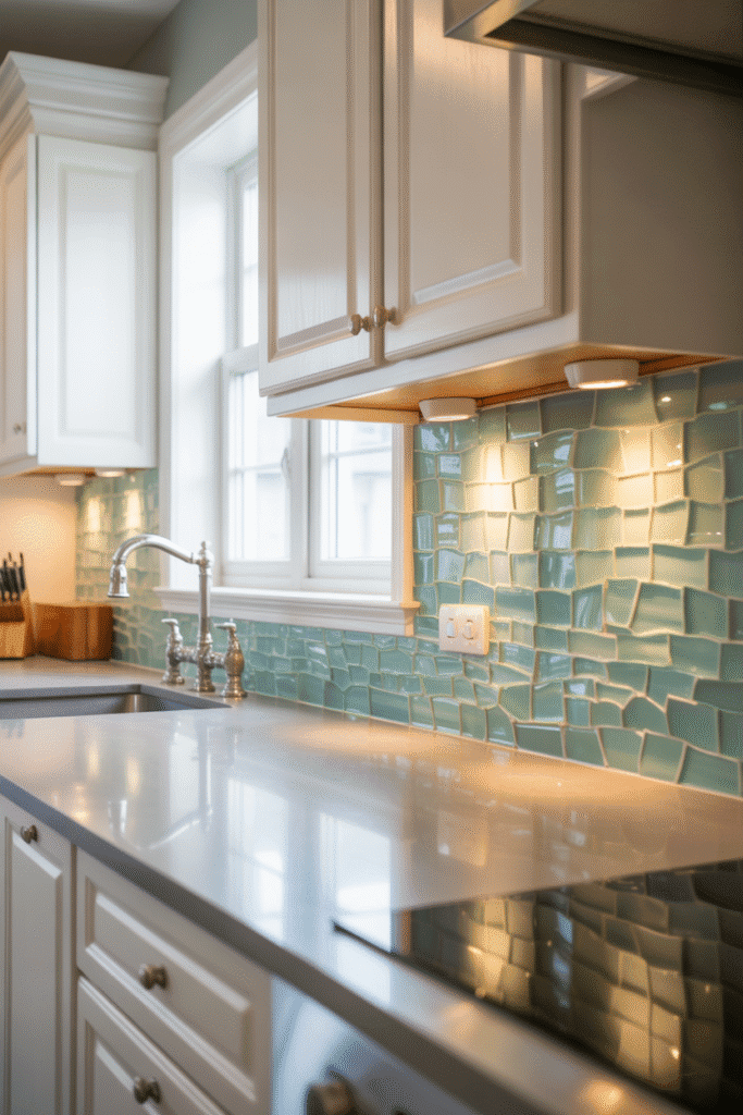 Under-cabinet lighting highlighting sea glass backsplash in kitchen.