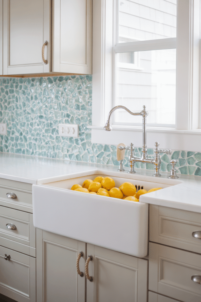 Mixed blue and green sea glass backsplash in coastal kitchen.
