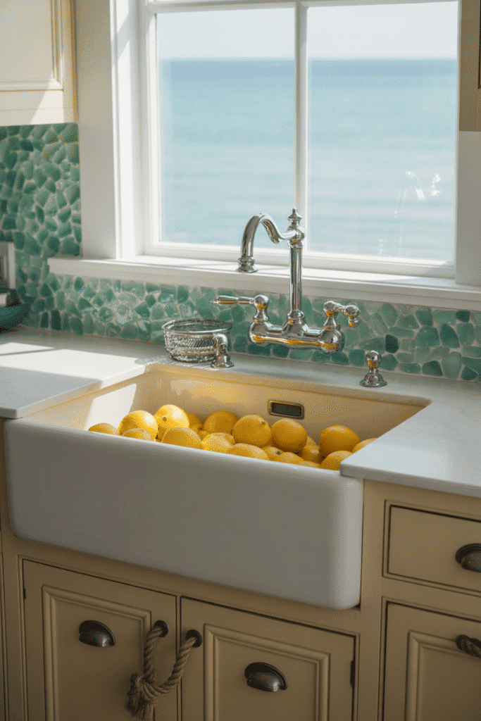 Mixed blue and green sea glass backsplash in coastal kitchen.