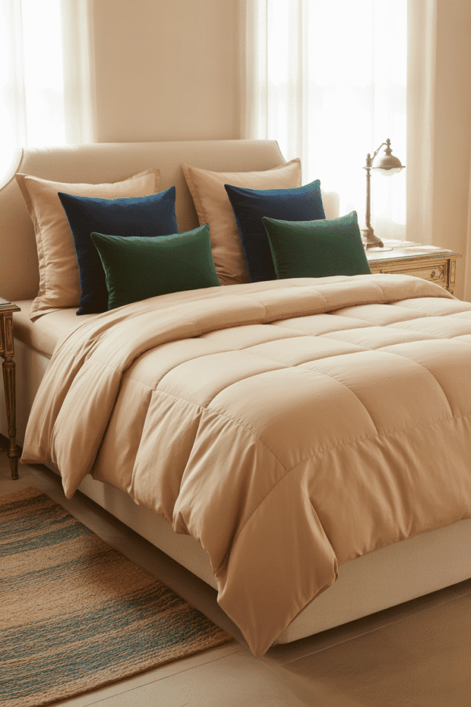 Classy bedroom with neutral colors and bold accent pillows in rich green and navy for a sophisticated look