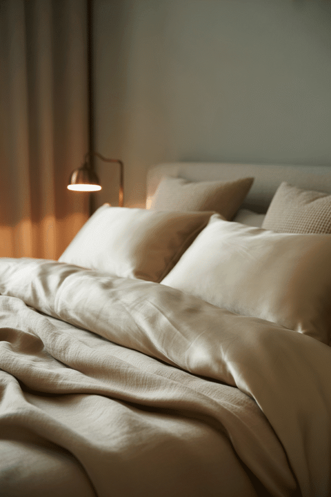 Luxurious, sustainable bedding with organic cotton duvet and silk pillowcases for a dreamy, elegant bedroom.