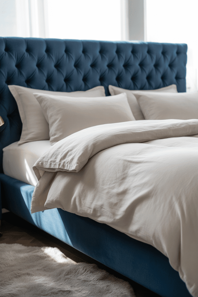 Statement velvet headboard in navy blue, creating a chic and luxurious focal point in the bedroom