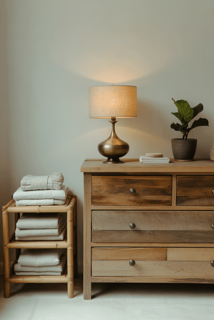 Sustainable bedroom furniture with reclaimed wood dresser and bamboo nightstands for an eco-friendly look.