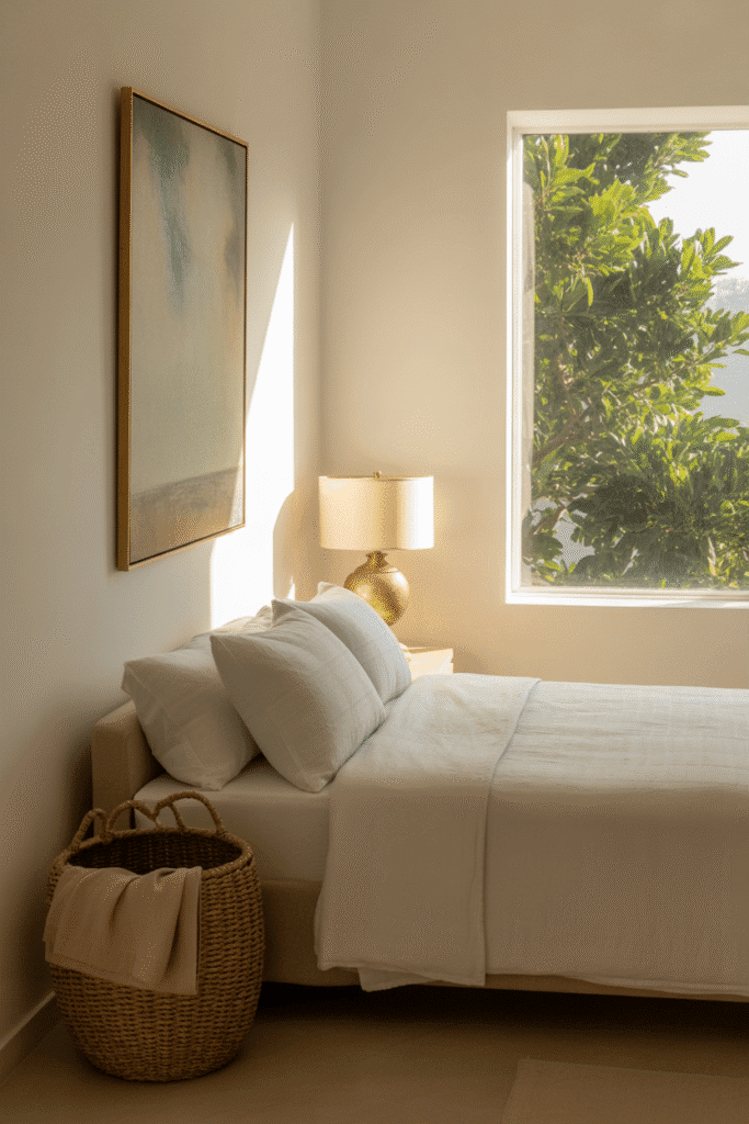 Minimalist bedroom with personal touches like vintage decor and a simple art piece for a refined, elegant look.