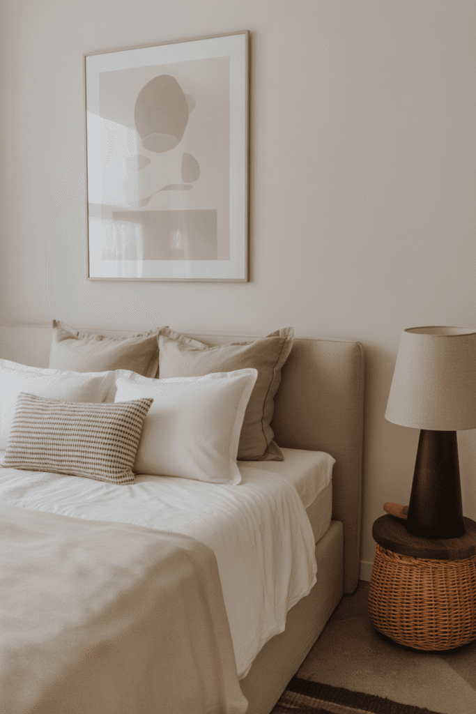 Minimalist bedroom with personal touches like vintage decor and a simple art piece for a refined, elegant look.